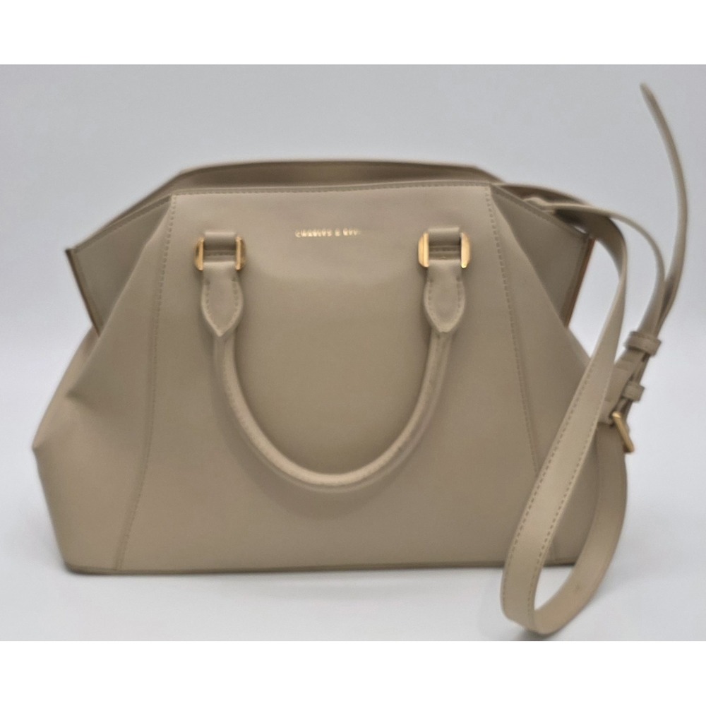Charles & Keith Beige Leather Geometric Tote Crossbody Strap Gold Hardware #0352